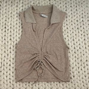 Beige Zara drawstring cropped top with cute collar